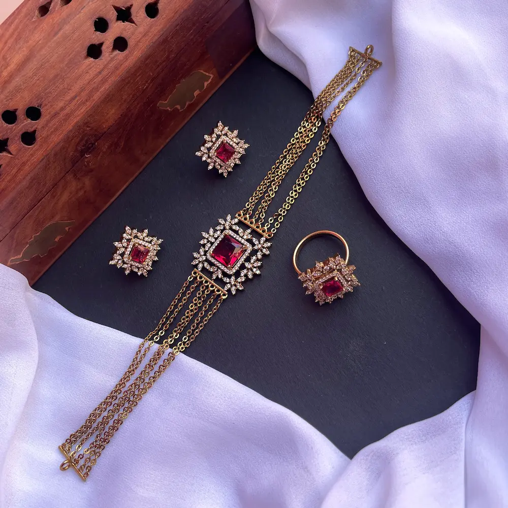 Ruby Block Choker( Along With Adjustable Ring ) - Image 2