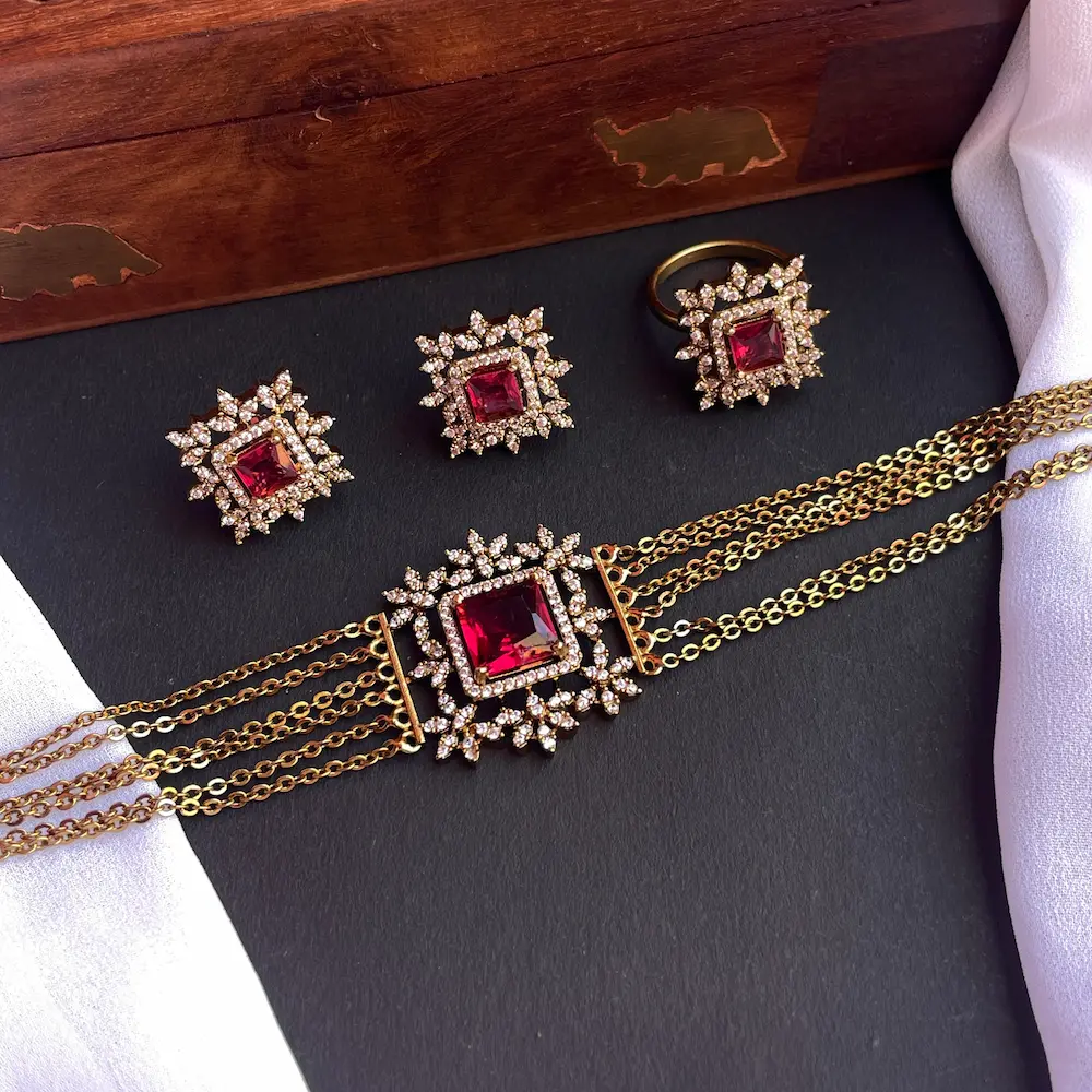 Ruby Block Choker( Along With Adjustable Ring )