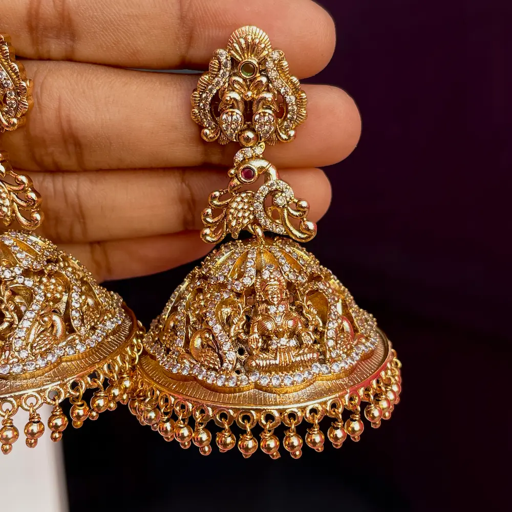 Nayanthara Inspired Heavy Bridal Antique Jumkhas - Image 2